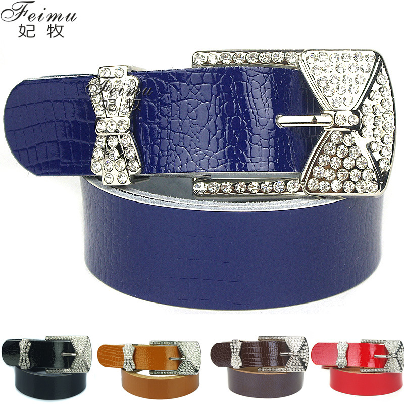 genuine leather women's belt pin buckle rhinestone diamond all-match decoration