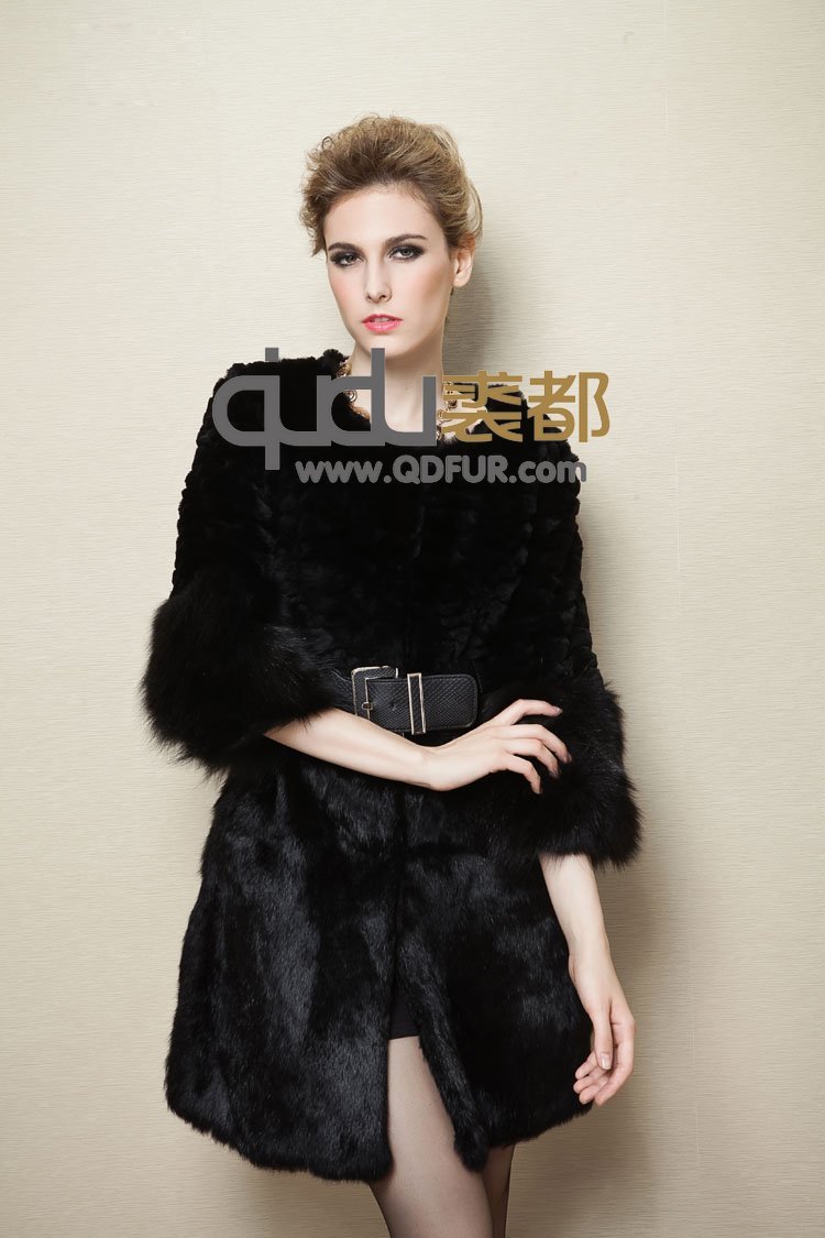 Genuine rabbit  fur Coat with fox fur trim winter garment overcoat/wholesale/retail/Free shipping/OEM QD21767 A G