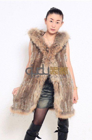 Genuine Rabbit Fur with  Collar Vest Long Hooded Waistcoat /Gilet Coats/Free Shipping QDMJ004  A G G