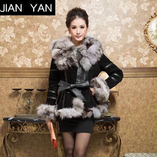 Genuine Sliver Fox Fur & Leather Coat winter outerwear dress garment women's clothing/Retail/Wholesale/OEM