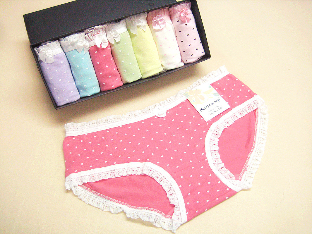 Gift Boxes Dot Print Lace Edge Women Panties Candy Color Lovely Underwear Pure Cotton Free Shipping