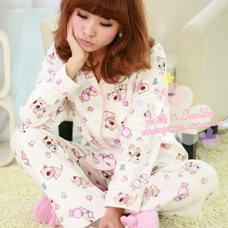 Gift packaging female spring and autumn long-sleeve 100% cotton comfortable sleepwear pajama pants lounge twinset n chromophous