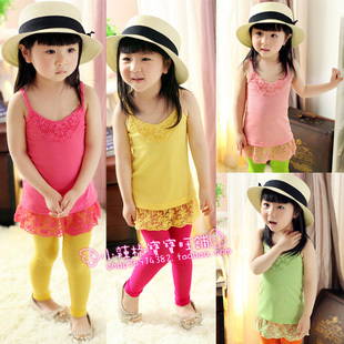 Girls clothing baby candy color all-match 100% cotton elastic lace decoration T-shirt sleeveless spaghetti strap top 944