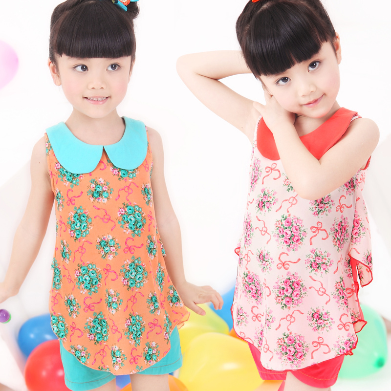 Girls summer clothing 2013 child chiffon shirt T-shirt sleeveless shirt all-match turn-down collar top