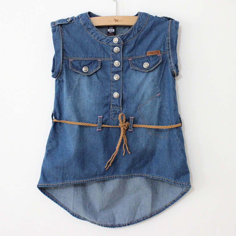 Girls summer clothing baby child z thin denim tank dress have belt parent-child