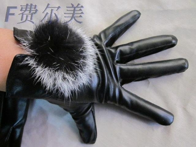 Global EMS free shipping:ladies leather rabbit fur ball  leather glove lovely gloves winter warm