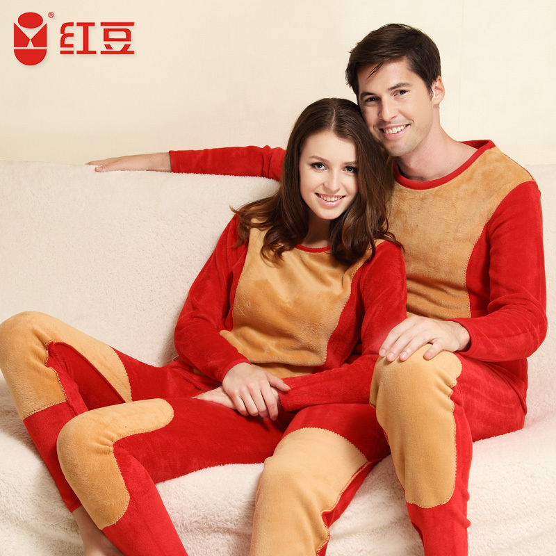 Globalsources golden flower wool thermal underwear thickening plus velvet male women's lovers o-neck set