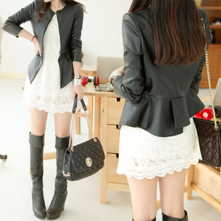 Glutinous rice balls new arrival 2013 slim all-match o-neck long-sleeve blazer leather clothing female