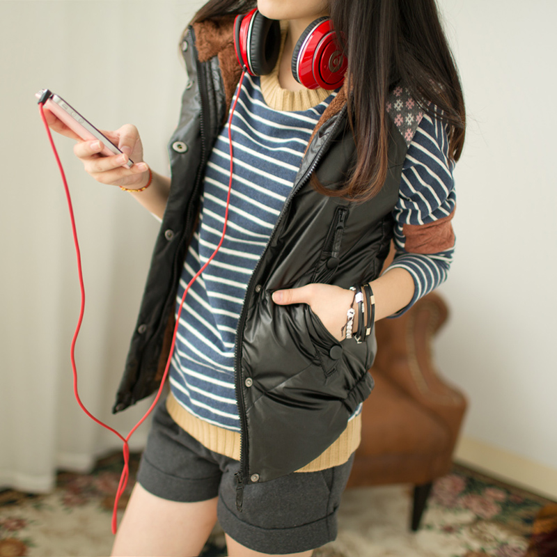 Glutinous rice balls slim geometry patchwork PU with a hood leather vest female mj007