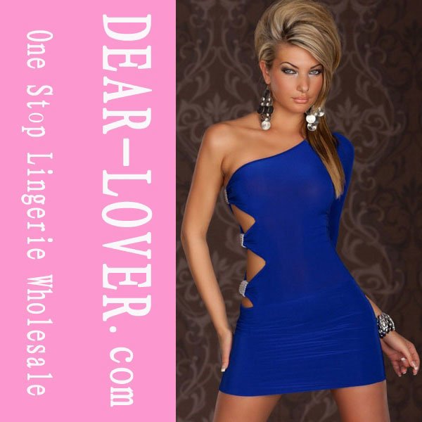 GOGO Sexy One Sleeve One Arm Mini Club Dress Blue Black LC2551 Cheap Price Drop Shipping