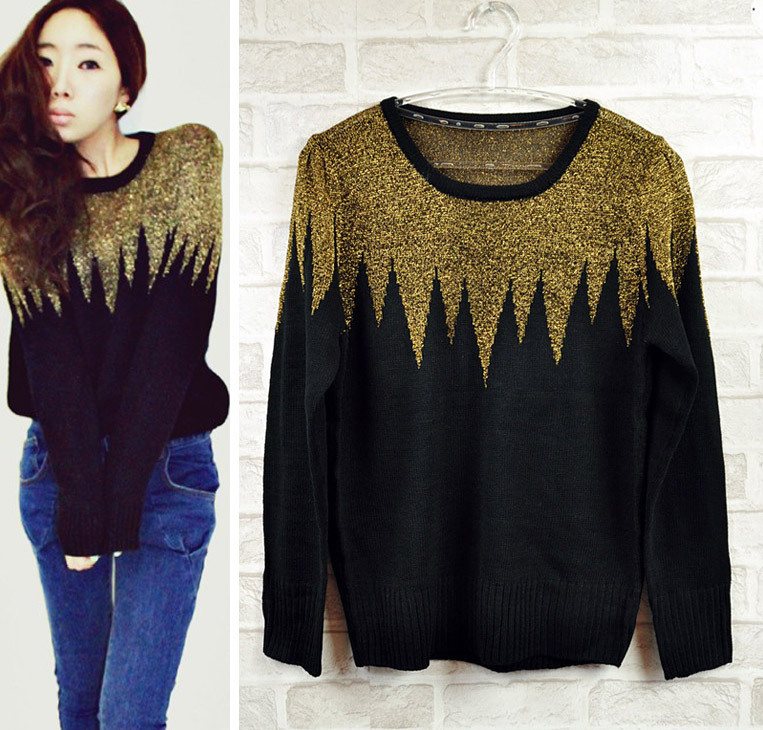 Gold gold patchwork elegant wave vintage sweater shirt ,Free shipping