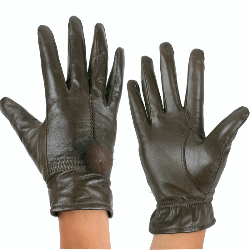 Gold medal 800 women's genuine leather gloves mink hair ball short design thermal plus velvet sheepskin gloves