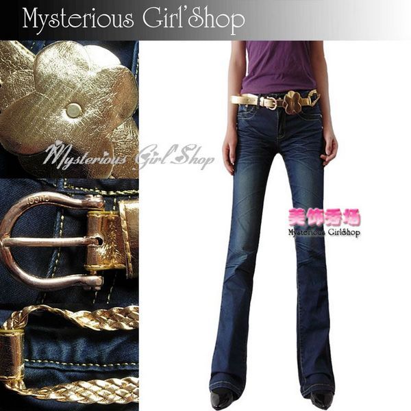 Gold pleated water wash wearing white slim bell-bottom jeans decoration belt