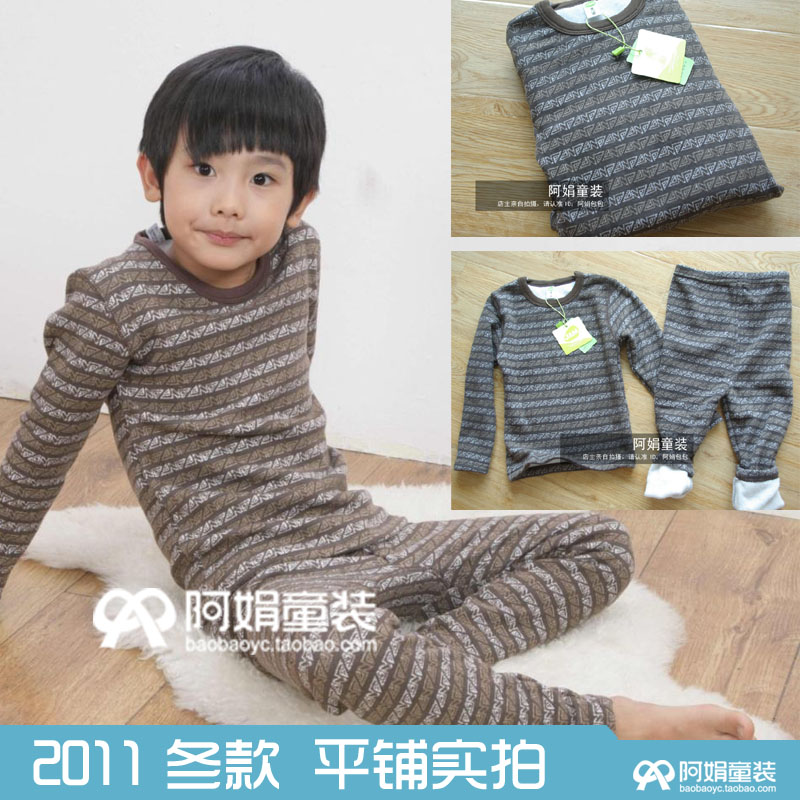 Golden autumn and winter plus velvet thickening male girls clothing child thermal underwear set baby 100% cotton sleepwear