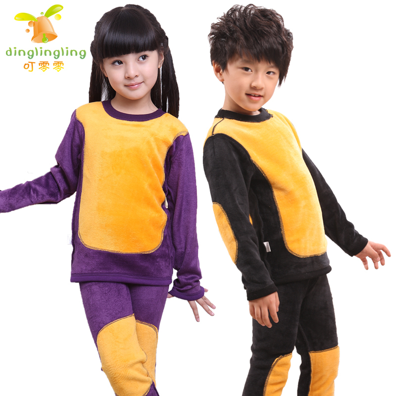 Golden flower child thermal underwear set 100% cotton plus velvet thickening children's clothing male child female child baby