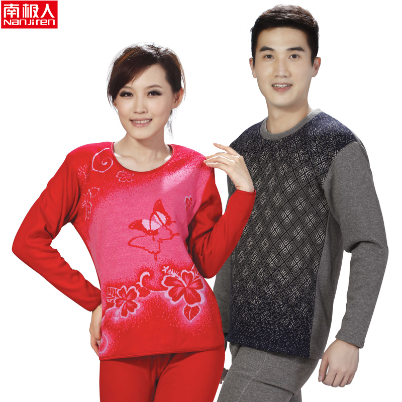 Golden flower thermal underwear set thickening plus velvet male women's o-neck thermal underwear