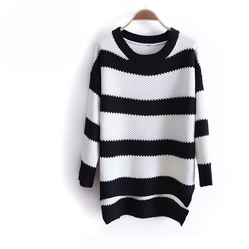 Good quality 2013 low-high o-neck loose stripe pullover sweater wx1212