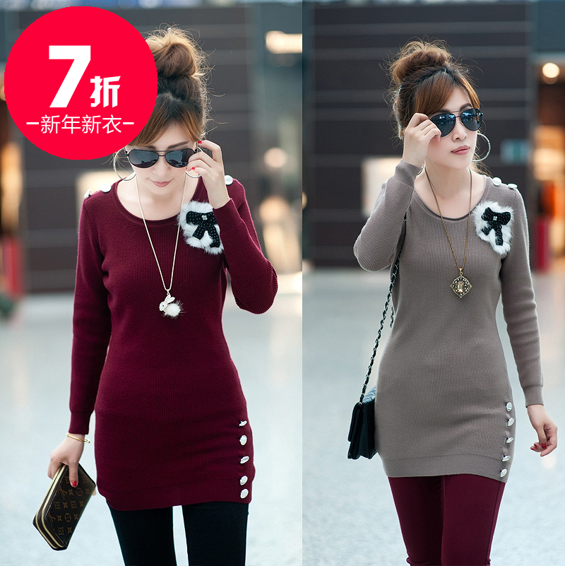 Good quality 2013new bow button decoration o-neck long-sleeve slim basic sweater medium-long wx1190