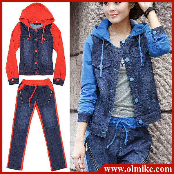 good quality  free shipping WA040 new women Casual Fashion knitting splicing cowboy jacket jeans sport sets coat + pants L XL