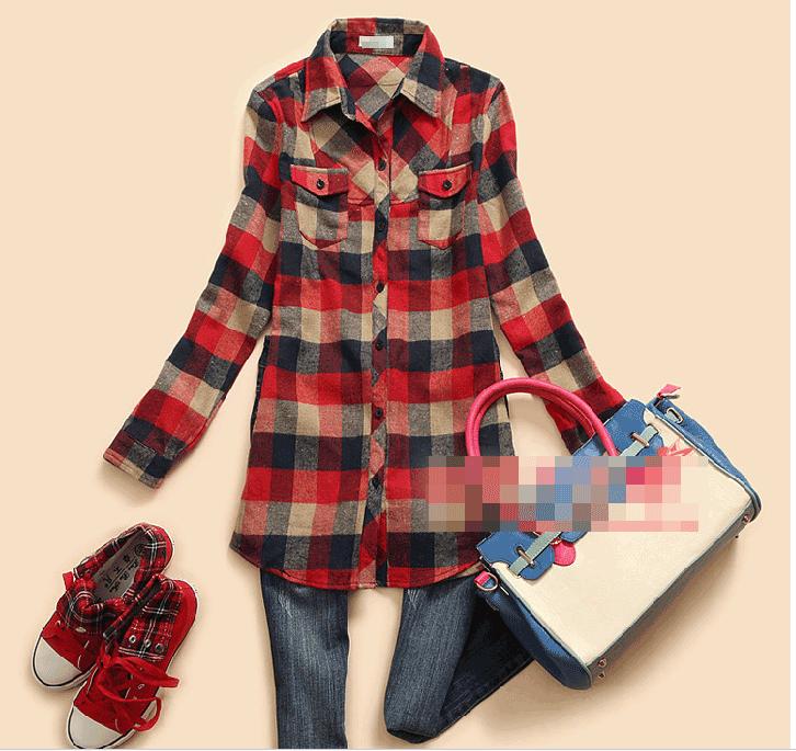 Good quality Vivi magazine long-sleeve shirt Women slim turn-down collar medium-long flannel plaid shirtA1089