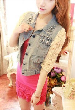 Gorgeous elegant handmade beading decoration water wash denim patchwork three-dimensional flower half sleeve short design coat