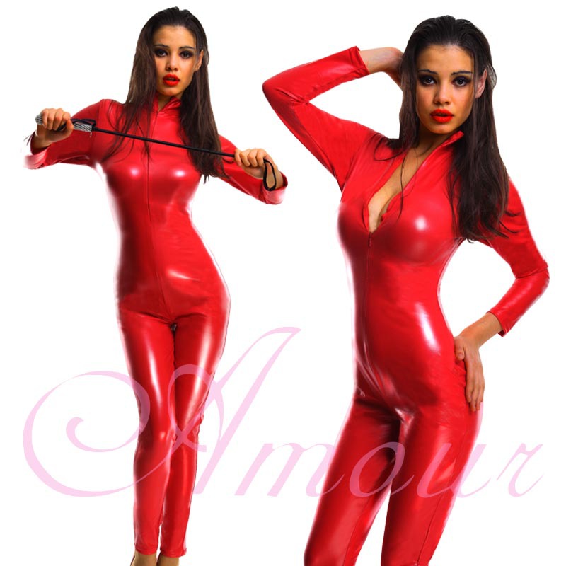 Gothic Punk Red Wetlook Shinny Faux Leather Catsuit Bodysuit Jumpsuit Zipper Front Free Shipping @P7115