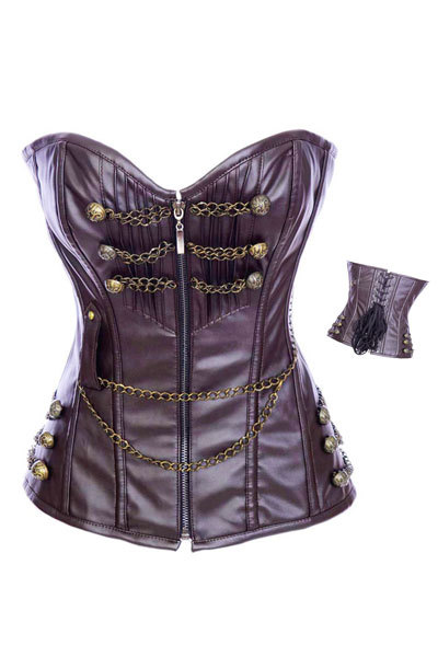 Gothic Style Camisole Sexy Lady Coffee Leather OverBust Corset With Cup LB4480  Zip up bustiers Free Shipping