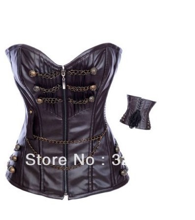 Gothic Style Sexy Lady Coffee Leather OverBust Corset With Cup LB4480 Size S M L XL