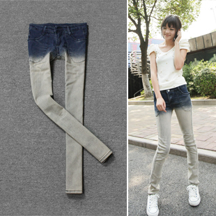 Gradient blue unique large pocket pencil pants tight-fitting package fashion skinny jeans pants 0321