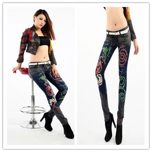 Graffi Colorful Circle Painting Good Quality Jeans Slim Autumn&Winter Casual Women Jean