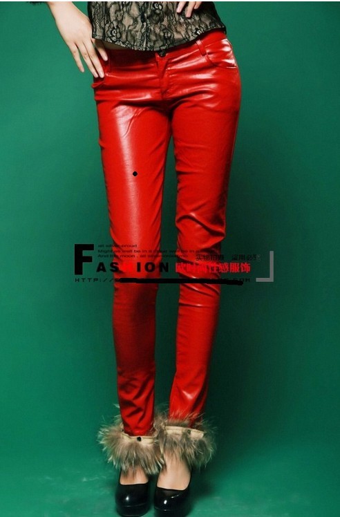 Grass feather ornament red low waist imitation leather trousers leather pants female+free shipping