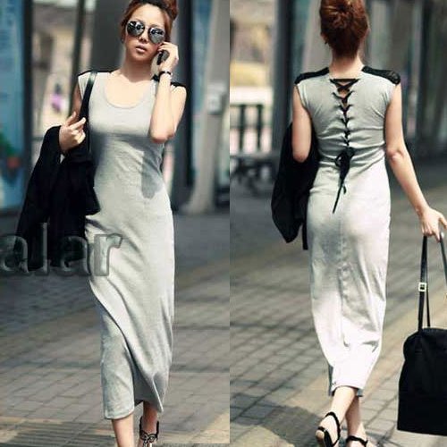 Grays Crewneck Elegant Women's Ladies Slim Long Full Length Vest Dress Casual E0196