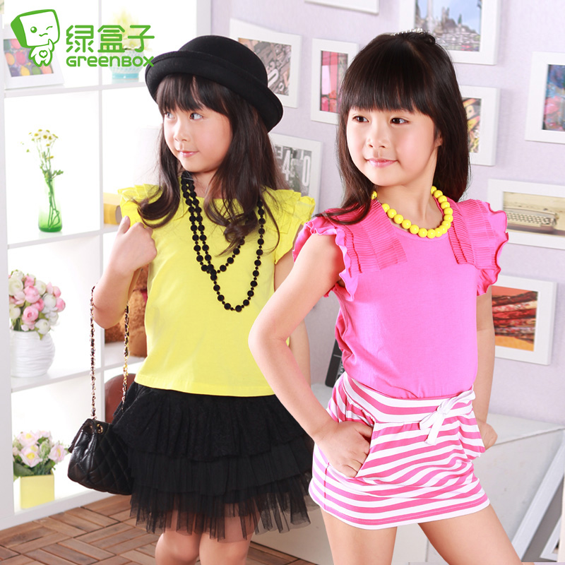 Green box children's clothing hi girl female child t-shirt child t-shirt summer