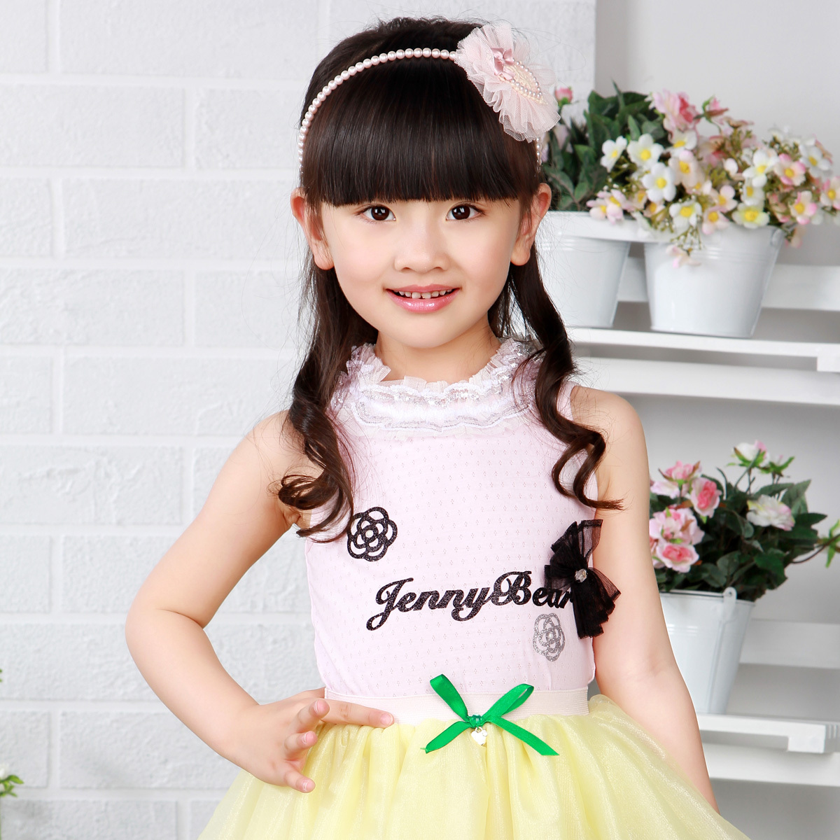 Green box girls clothing female child sweet bow sleeveless T-shirt summer