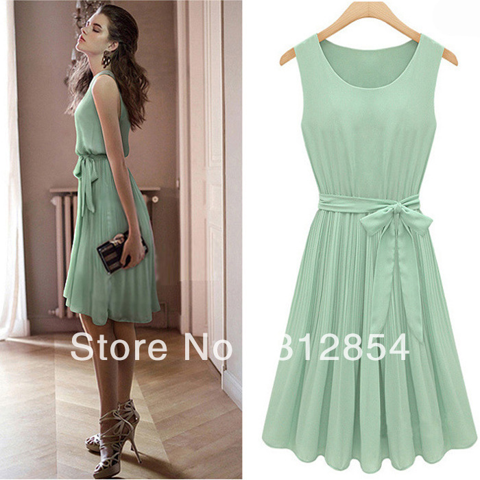 Green Chiffon Pleated Fashion Dresses for Women Small Medium Large O neck Sashes Keen Length Sexy Jupe Dress Free Shipping