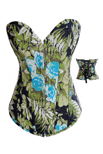 Green Denim Leaf and Flower Print Corset LB4466 Size S M L XL 2XL