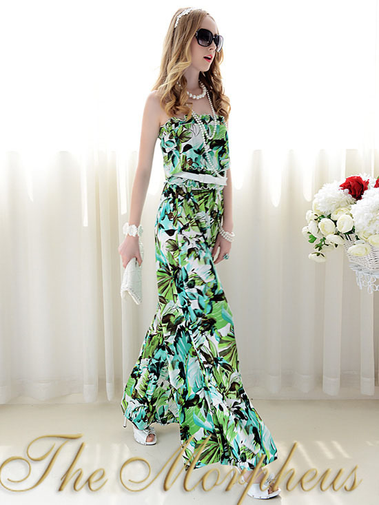 Green Flora Pattern Strapless Ruffle Trendy HOT Tube Jumpsuit