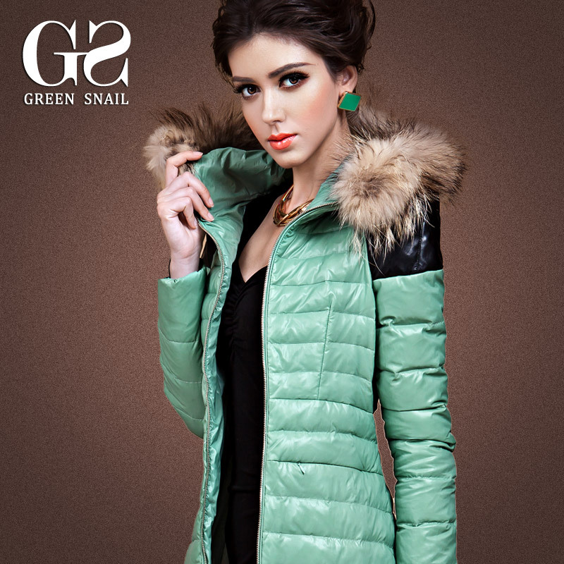 Green leather mosaic thin slim down coat female down coat female medium-long