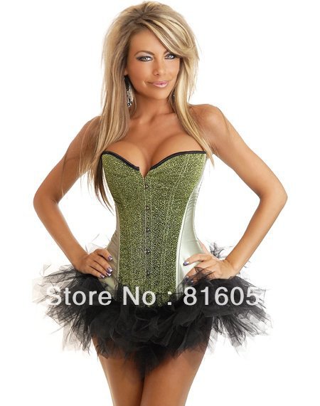 Green Sexy Women Boned Satin Overbust Corset Bustier Costumes Lingerie + G-string