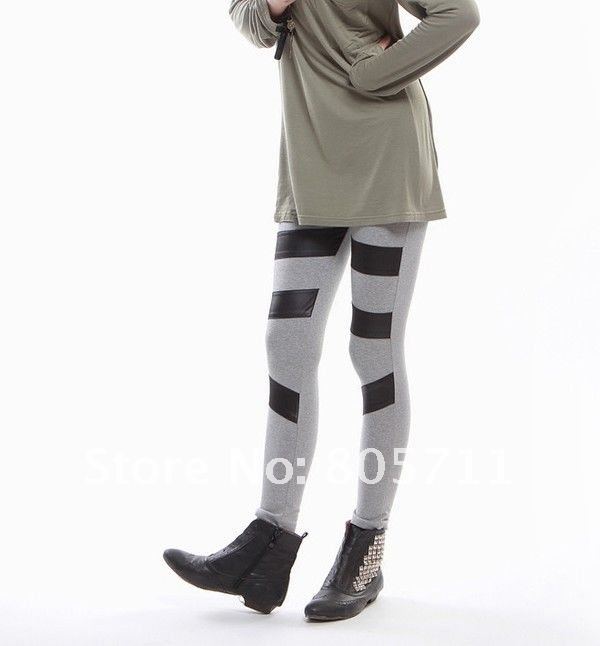 Grey Black Cotton  Imitation leather Patchwork  Leggings Ladies Fashion Legging Free Shipping