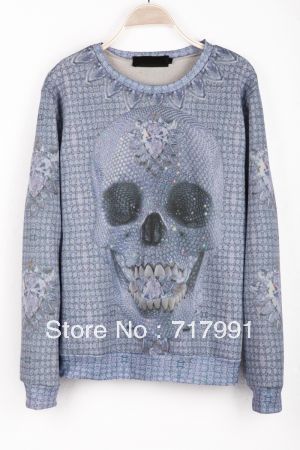 Grey Long Sleeve Skull Pattern Rhinestone T-Shirt