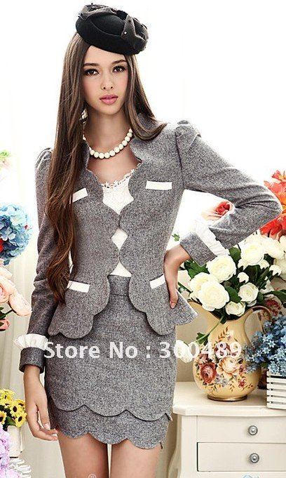 Grey wool thin petal office lady Skirt suit