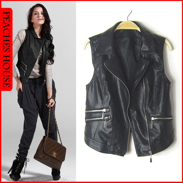 H 2012 motorcycle loading cool fashion oblique zipper turn-down collar short design leather clothing vest female black