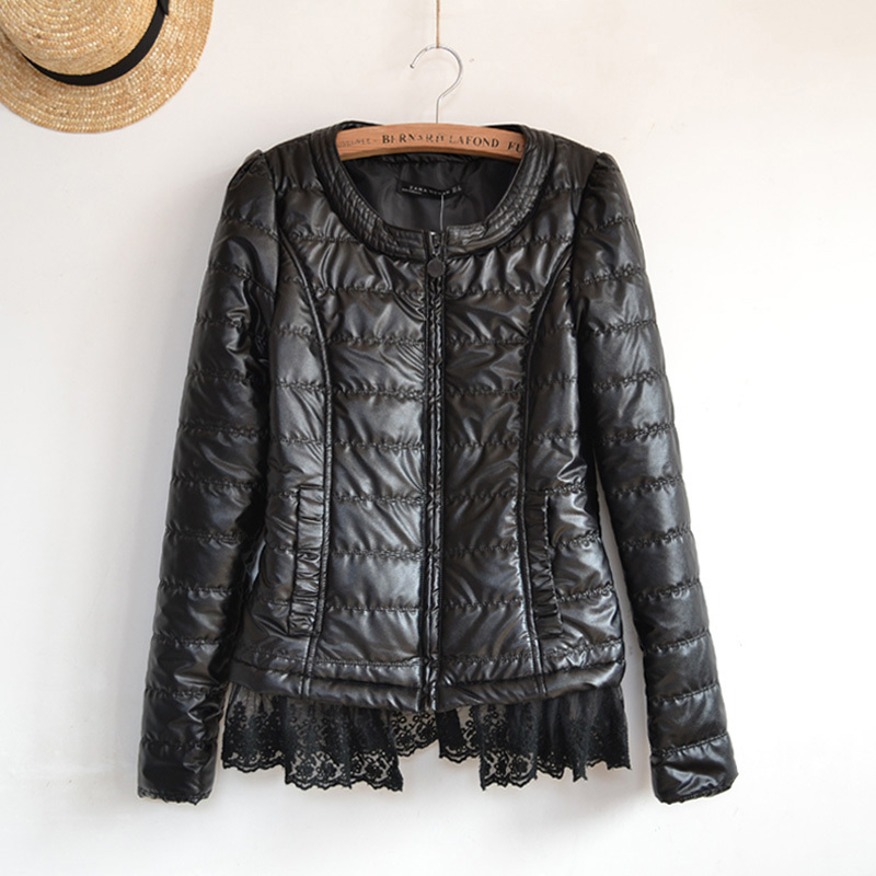 H-43 sweet lace sweep o-neck puff sleeve short design zipper PU leather jacket wadded jacket outerwear cotton-padded jacket