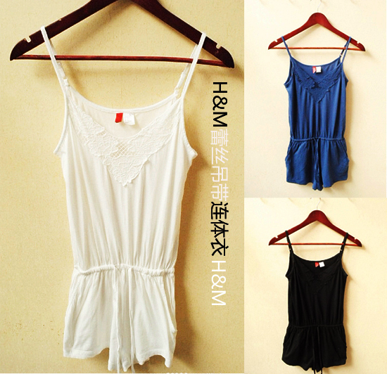 H&m fashion sexy 100% cotton lace spaghetti strap decoration bodysuit one-piece dress pants