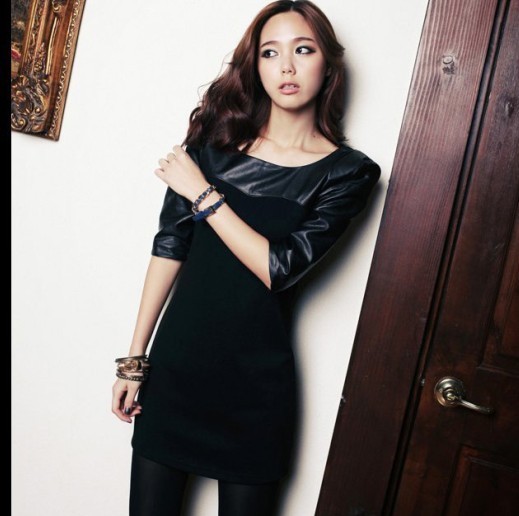 H713 fashion personality slim leather knitted one-piece dress p95