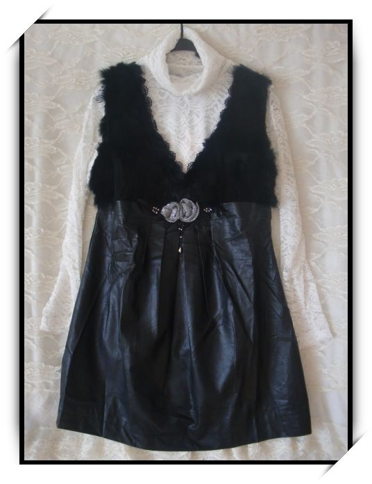 Half-length rabbit fur patchwork water washed leather heart-shaped collar tank dress