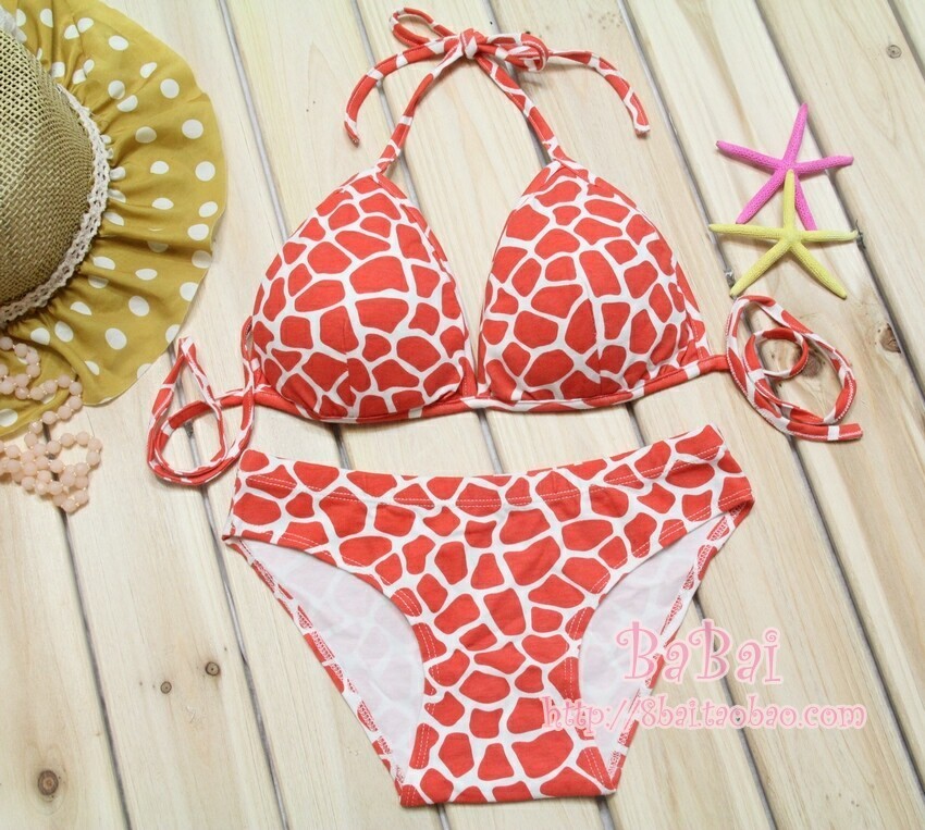 Halter-neck lacing bikini underwear bra 100% cotton push up set irregular print