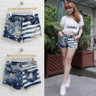 Han edition new summer ~ 2013 popular personality printed stripe denim shorts the stars/hot pants