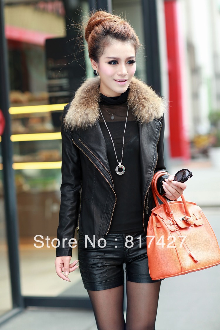 Han's raccoon collars PU leather and wool coat